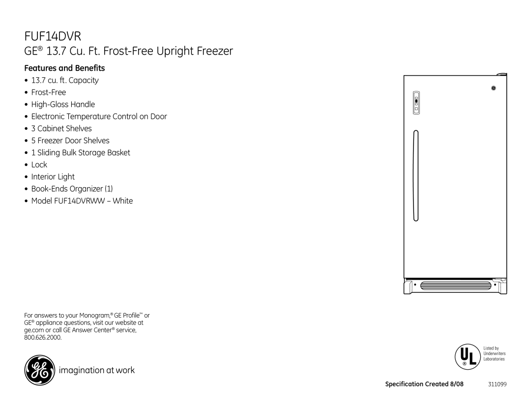 GE FUF14DVRWW dimensions Features and Benefits 