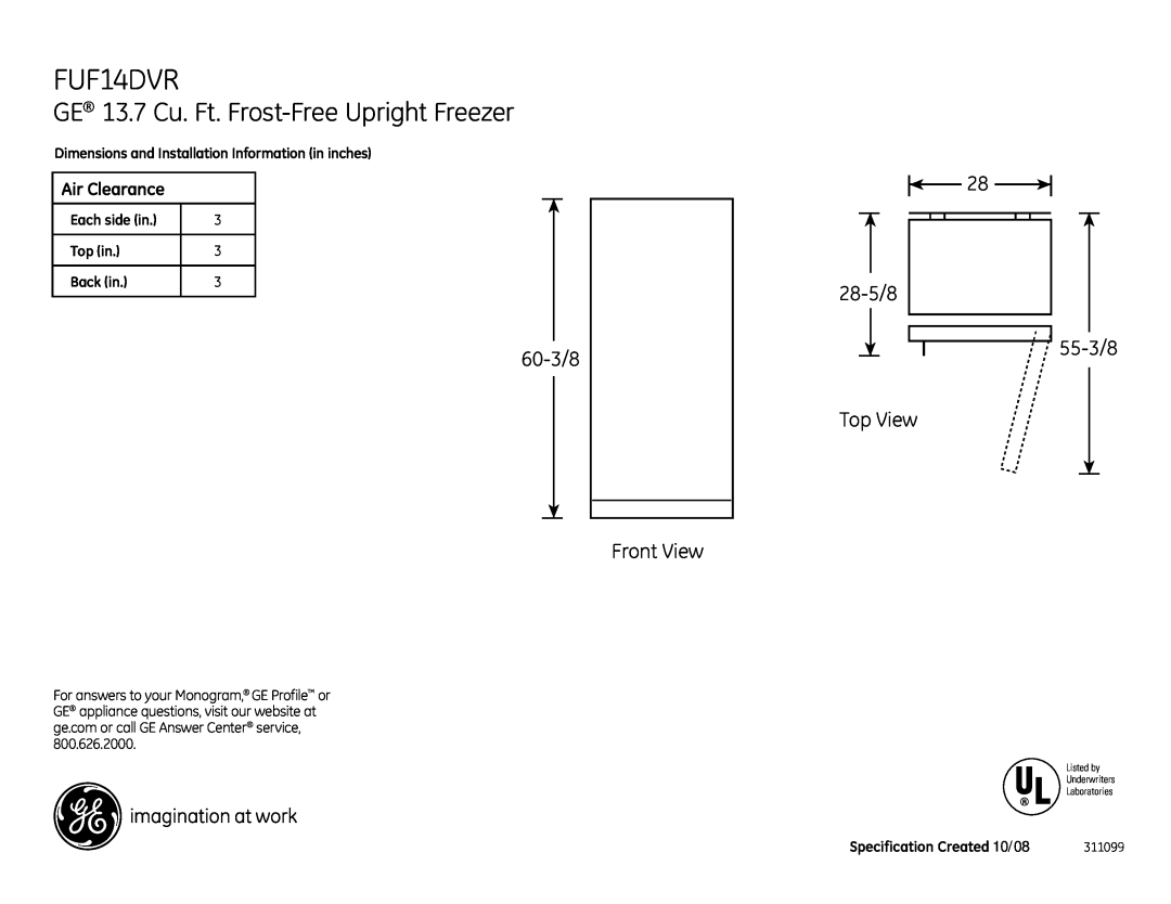 GE FUF14DVRWW dimensions GE 13.7 Cu. Ft. Frost-FreeUpright Freezer, 60-3/8 Front View, 28 28-5/8 55-3/8 Top View, Top in 