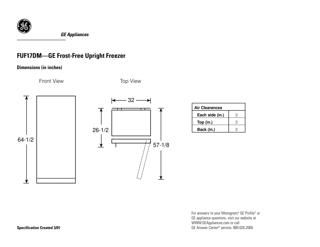 GE FUF17DMRWH dimensions FUF17DM-GE Frost-Free Upright Freezer, 26-1/2 64-1/2 Top View 57-1/8 