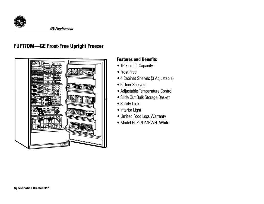 GE 16.7 cu. ft. Capacity Frost-Free, Cabinet Shelves 3 Adjustable 5 Door Shelves, Model FUF17DMRWH-White, GE Appliances 