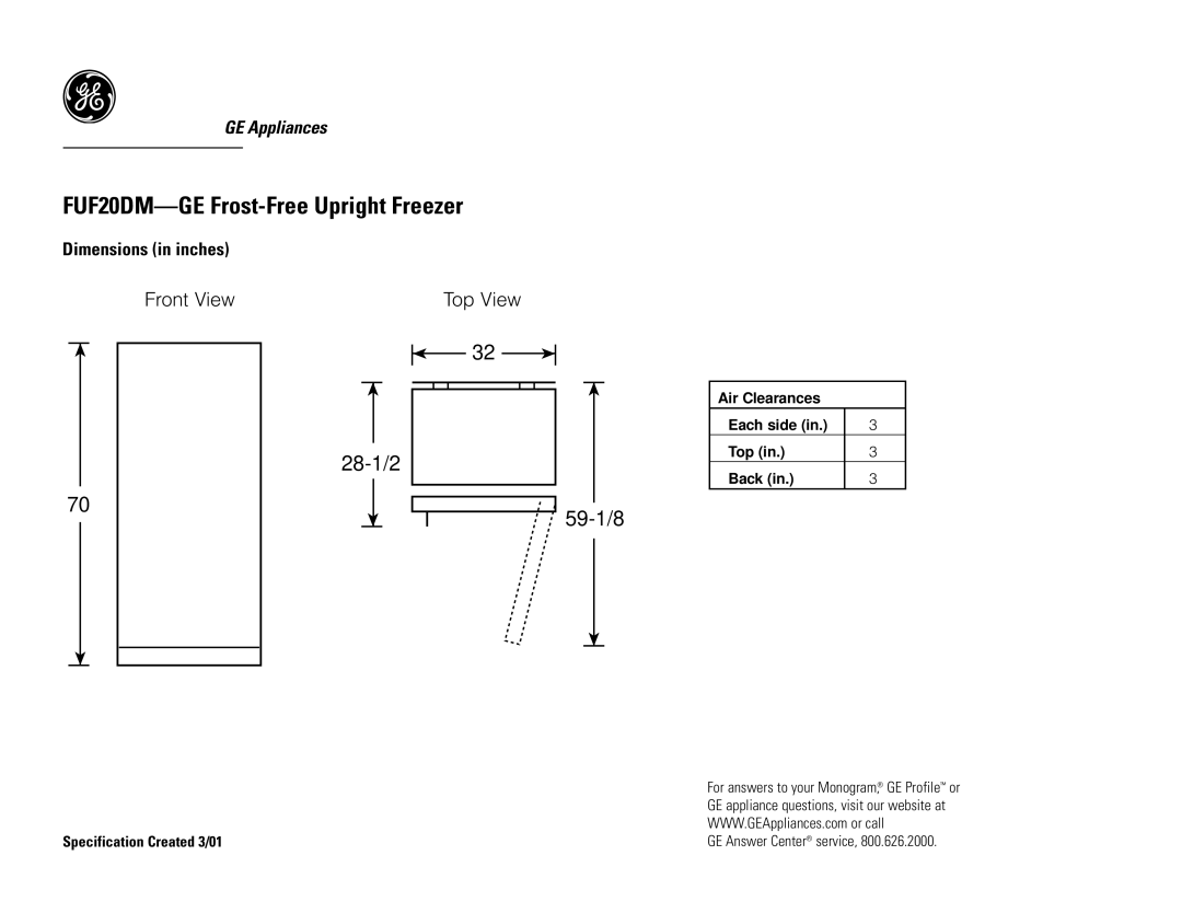 GE FUF20DMRWH dimensions FUF20DM-GE Frost-Free Upright Freezer, 28-1/2 Top View 59-1/8 