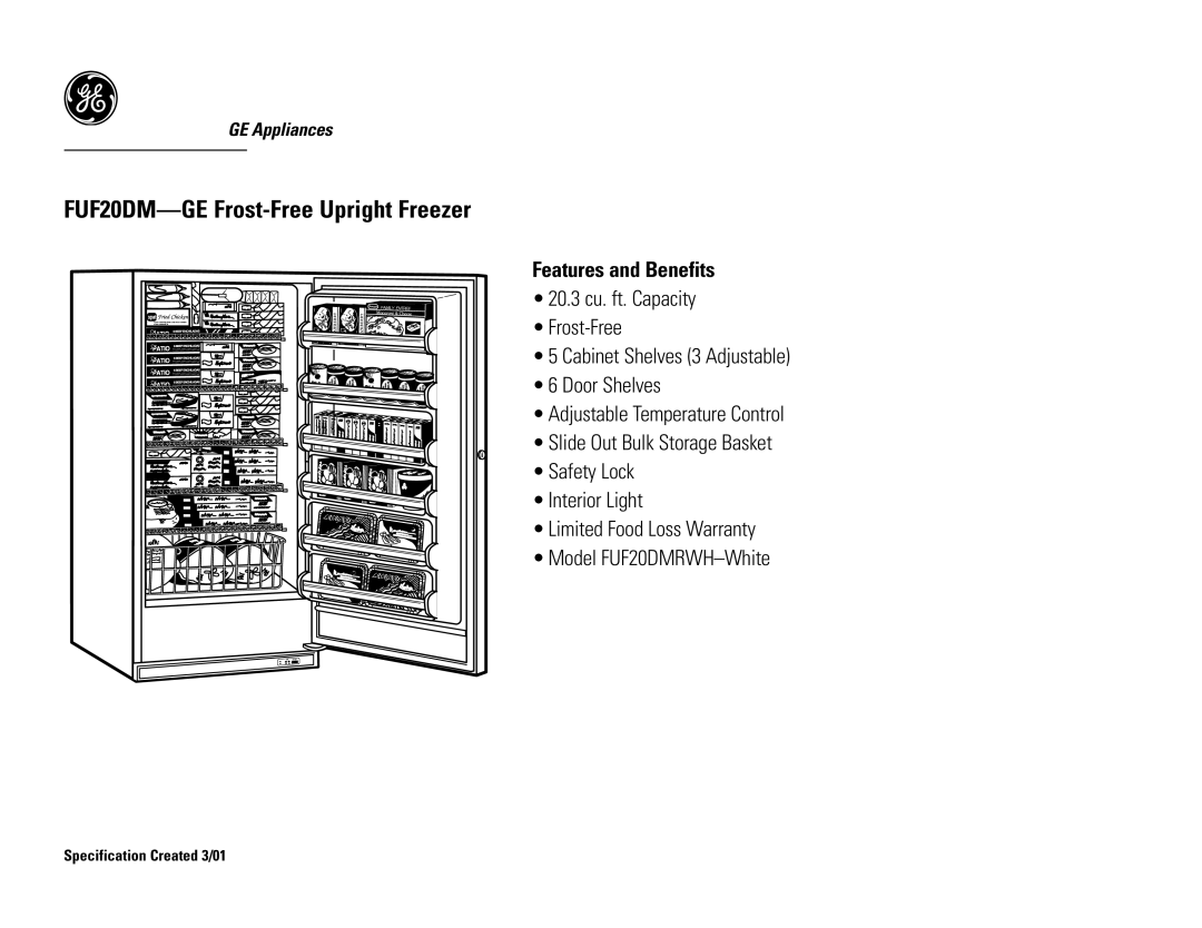 GE FUF20DMRWH dimensions Features and Benefits 