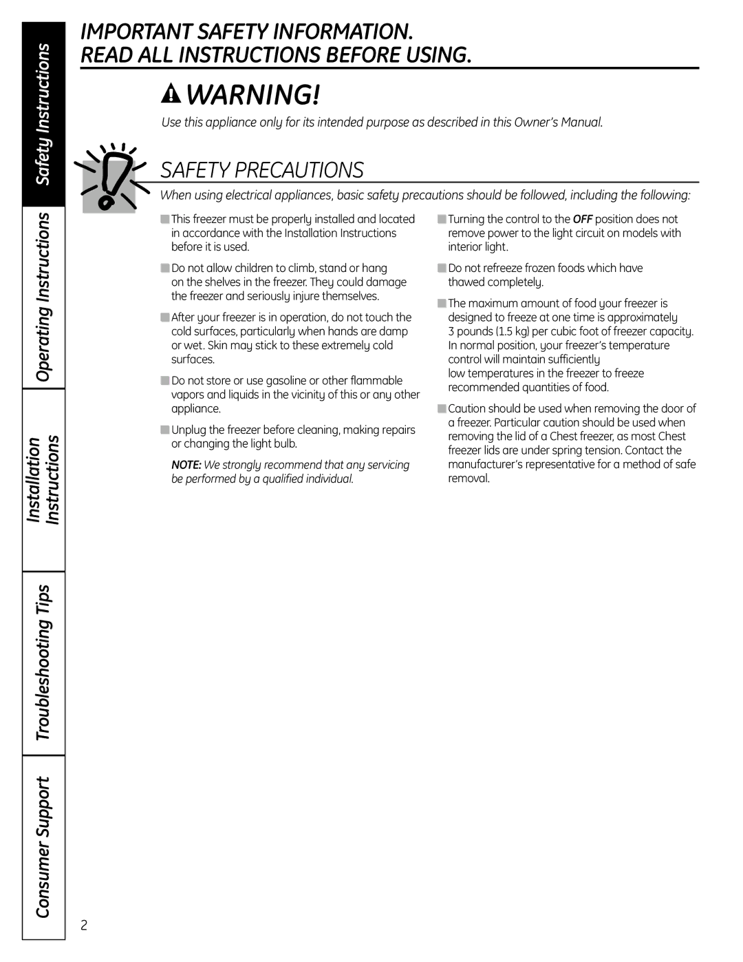 GE FUF21S, FUF20S, FUF17S, FUF17C, FUF12S, FUF14S owner manual Safety Precautions, Safety Instructions 