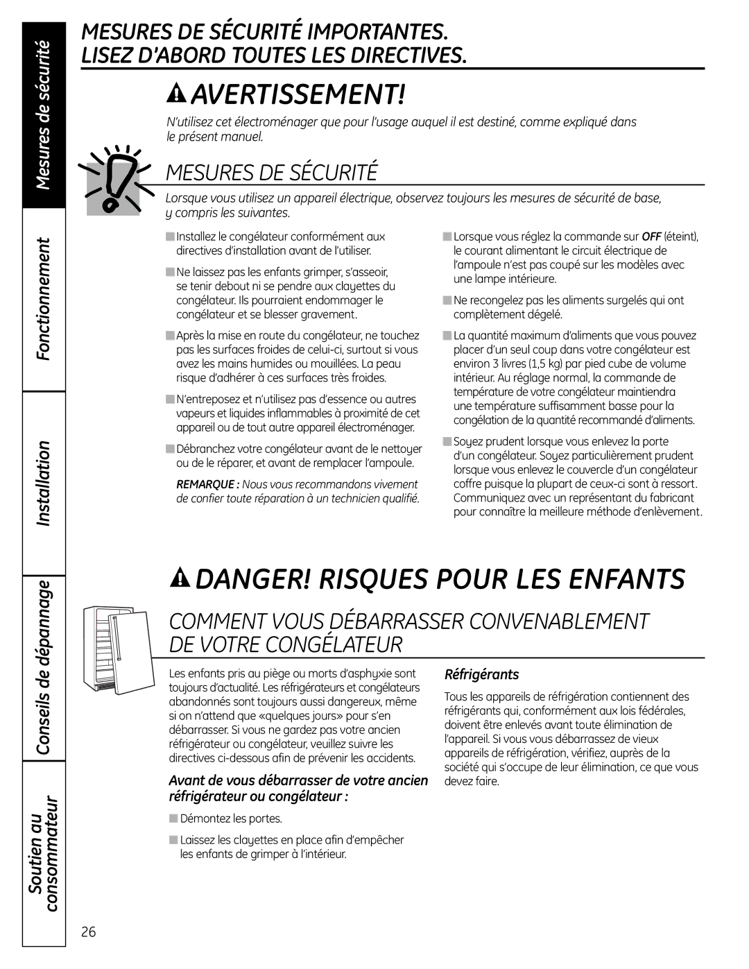 GE FUF21S, FUF20S, FUF17S Mesures DE Sécurité, Mesures de sécurité, Fonctionnement Installation, Dépannage, Réfrigérants 