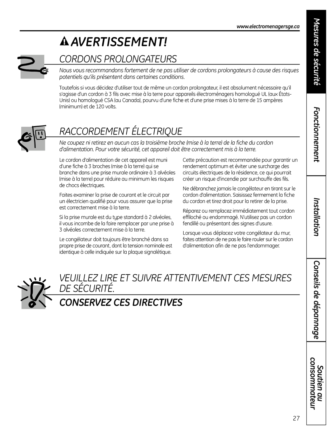 GE FUF17S, FUF21S, FUF20S, FUF17C, FUF12S, FUF14S owner manual Cordons Prolongateurs, Raccordement Électrique 