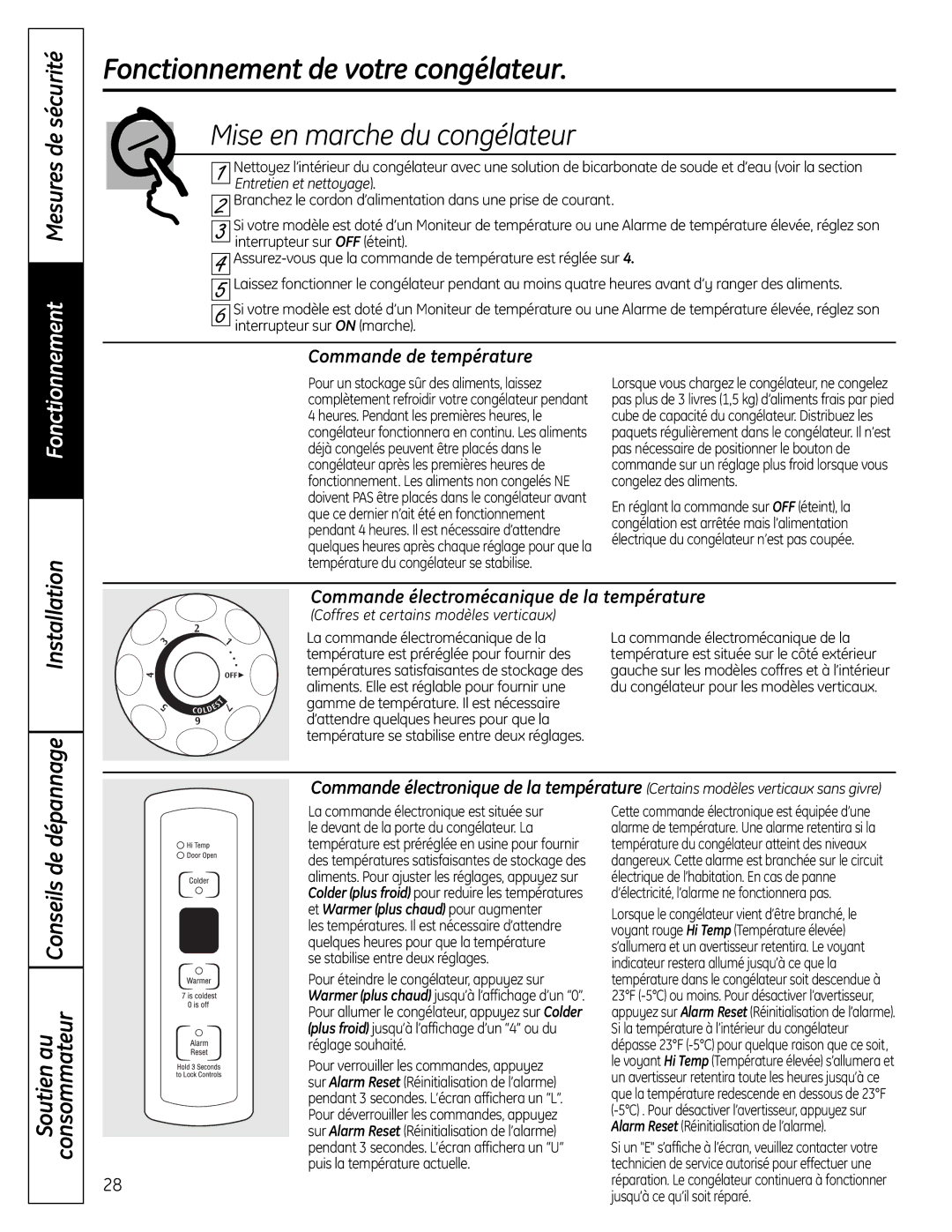 GE FUF17C, FUF21S Fonctionnement de votre congélateur, Mise en marche du congélateur, ConsommateurSoutien au Conseils de 