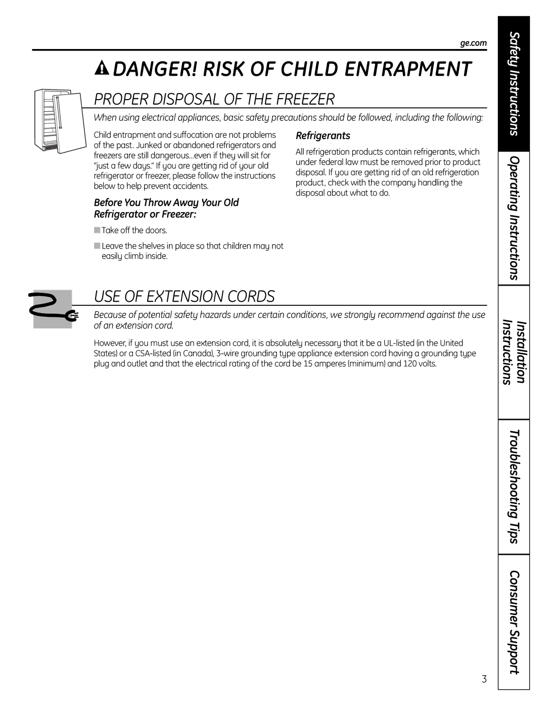 GE FUF17S, FUF21S Proper Disposal of the Freezer, USE of Extension Cords, Refrigerants, Before You Throw Away Your Old 