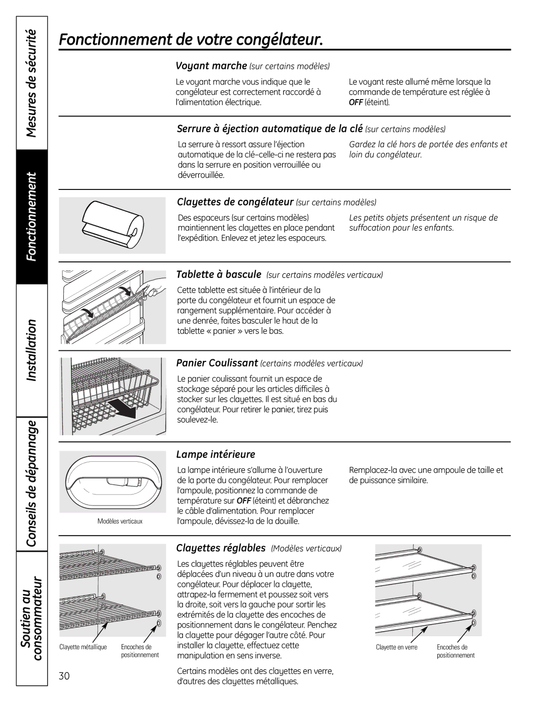 GE FUF14S, FUF21S Clayettes de congélateur sur certains modèles, Lampe intérieure, Clayettes réglables Modèles verticaux 