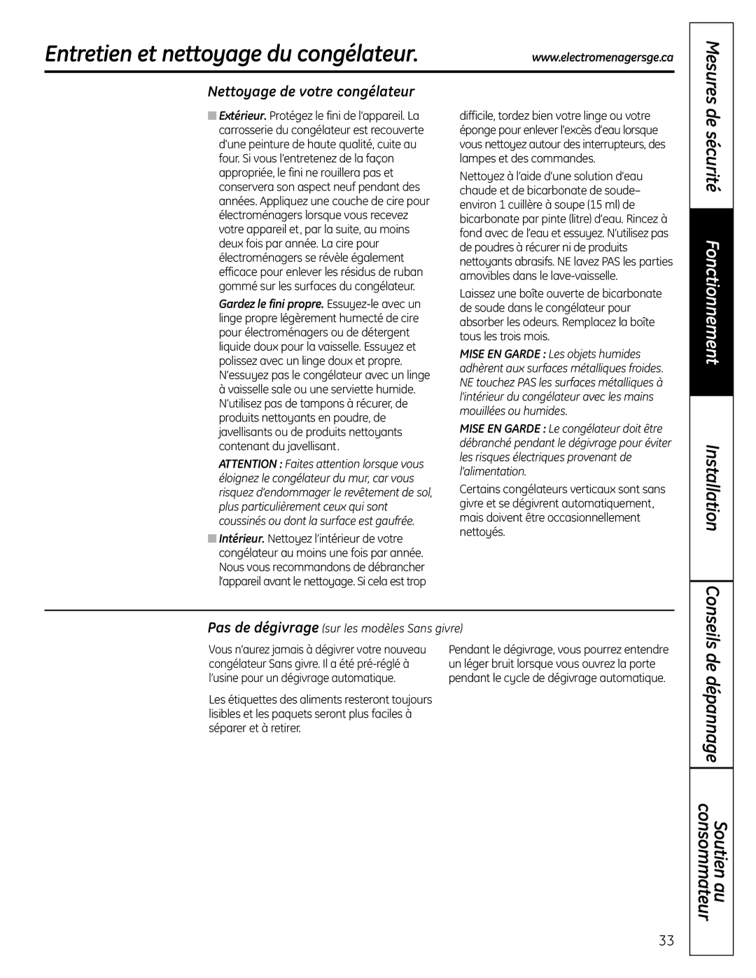 GE FUF20S, FUF21S, FUF17S Entretien et nettoyage du congélateur, De sécurité Fonctionnement, Nettoyage de votre congélateur 