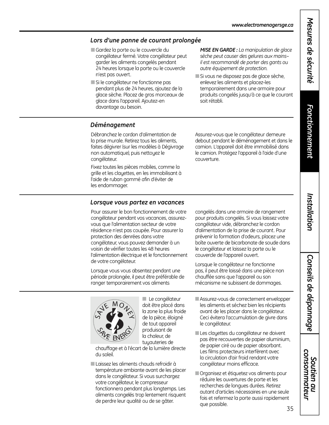 GE FUF17S, FUF21S De sécurité, Lors d’une panne de courant prolongée, Déménagement, Le congélateur Doit être placé dans 