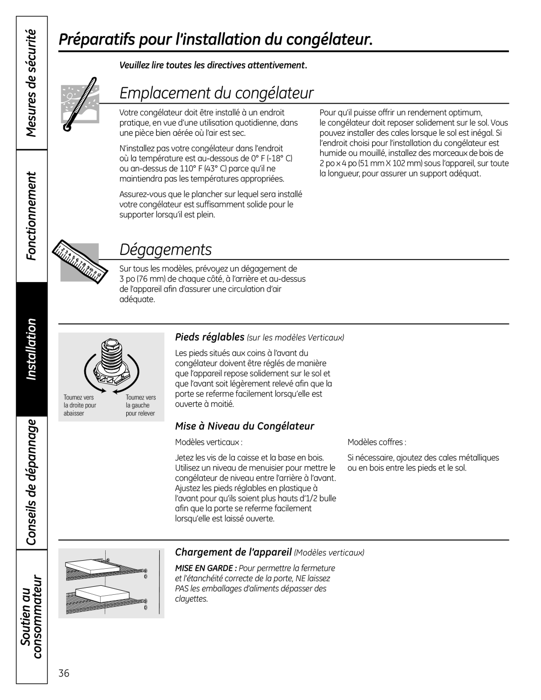 GE FUF17C Préparatifs pour l’installation du congélateur, Emplacement du congélateur, Dégagements, Fonctionnement Mesures 