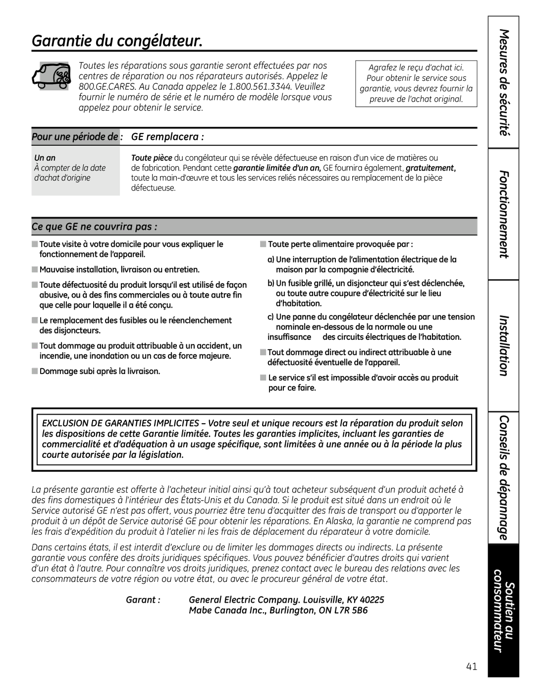 GE FUF20S, FUF21S, FUF17S Garantie du congélateur, GE remplacera, Ce que GE ne couvrira pas, Pour une période de, Un an 