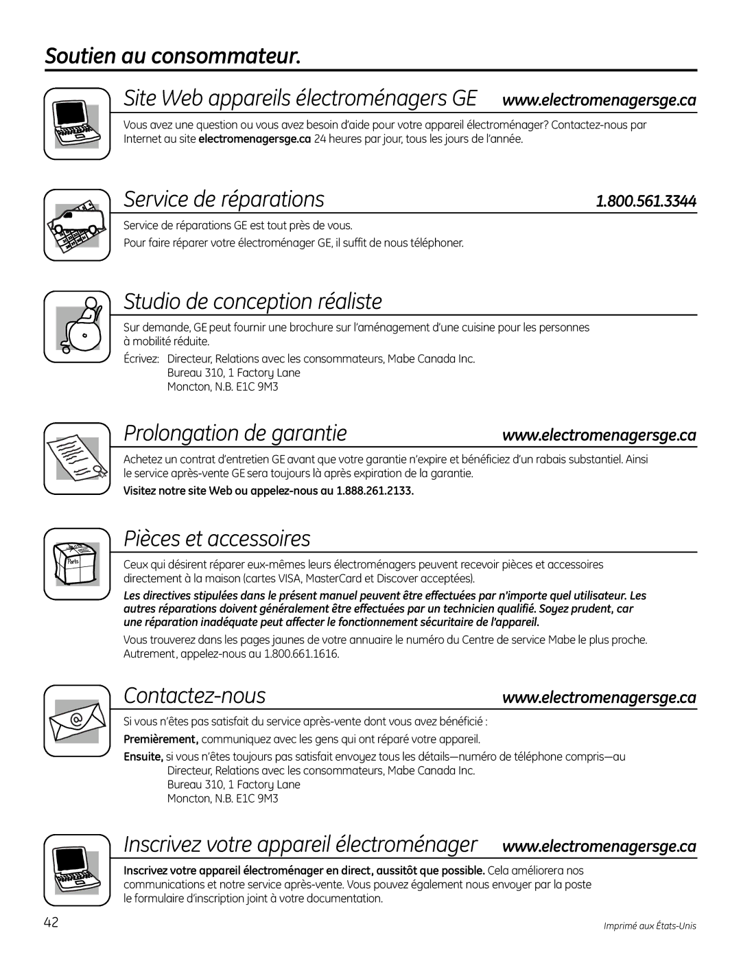 GE FUF21S, FUF20S, FUF17S Soutien au consommateur, Service de réparations, Prolongation de garantie, Contactez-nous 