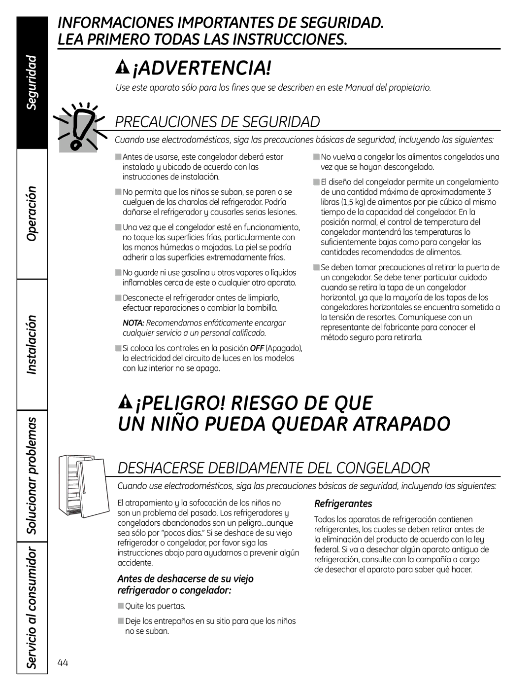 GE FUF17C, FUF21S, FUF12 Precauciones DE Seguridad, Deshacerse Debidamente DEL Congelador, Operación Instalación, Problemas 