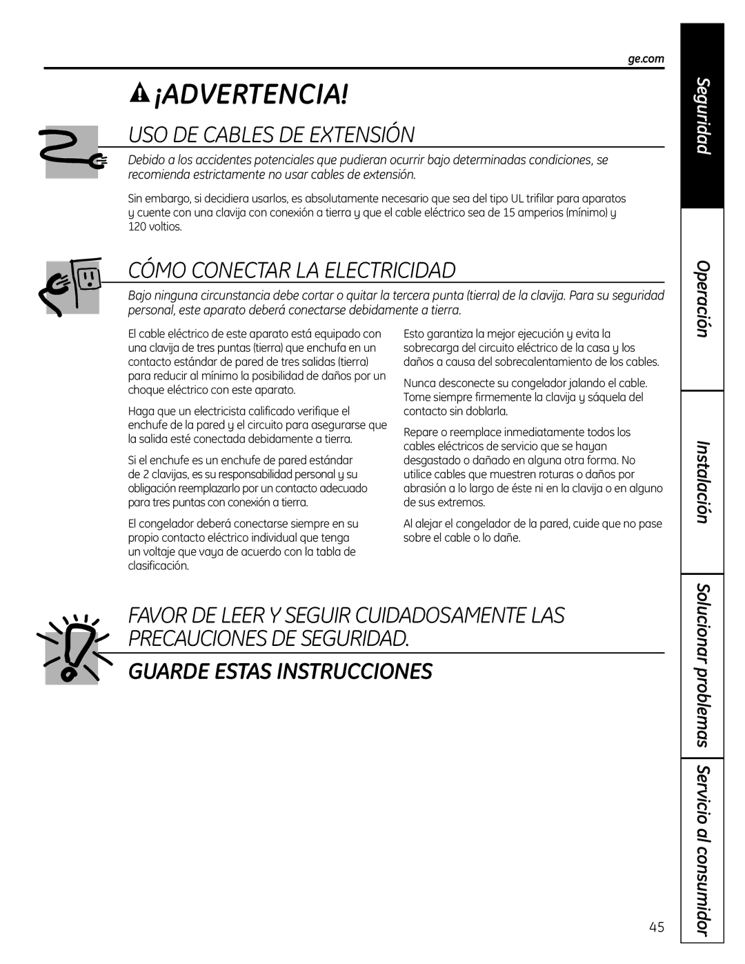 GE FUF12S, FUF21S, FUF20S, FUF17S, FUF17C, FUF14S USO DE Cables DE Extensión, Cómo Conectar LA Electricidad, Operación 