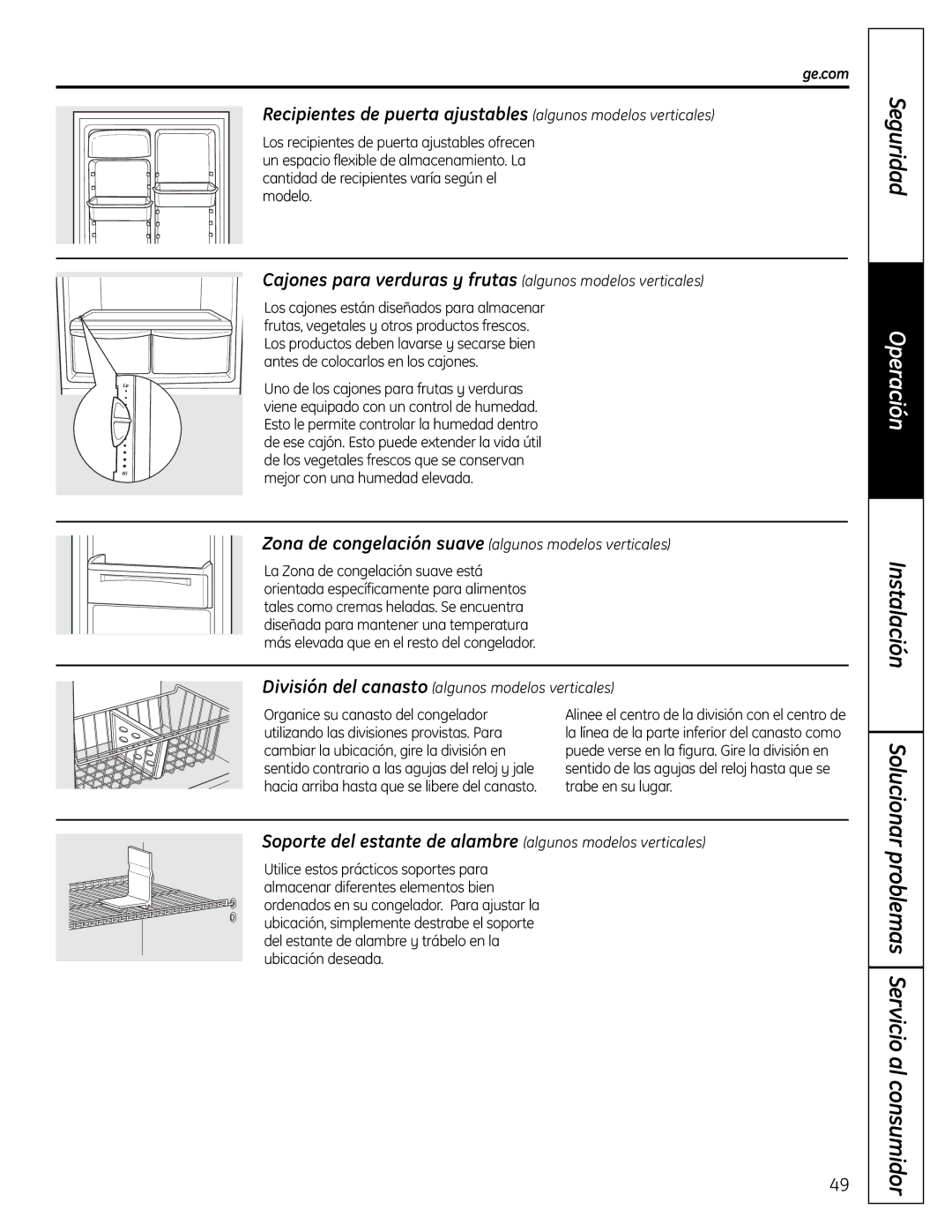 GE FUF20S Recipientes de puerta ajustables algunos modelos verticales, División del canasto algunos modelos verticales 