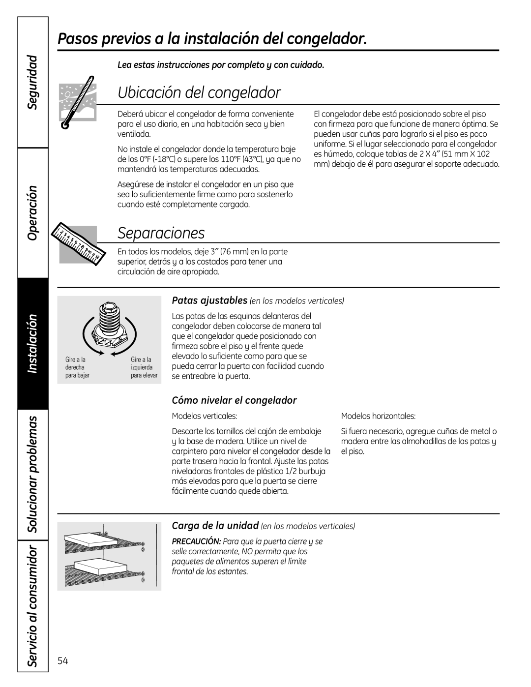 GE FUF14S, FUF21S, FUF12 Pasos previos a la instalación del congelador, Ubicación del congelador, Separaciones, Instalación 