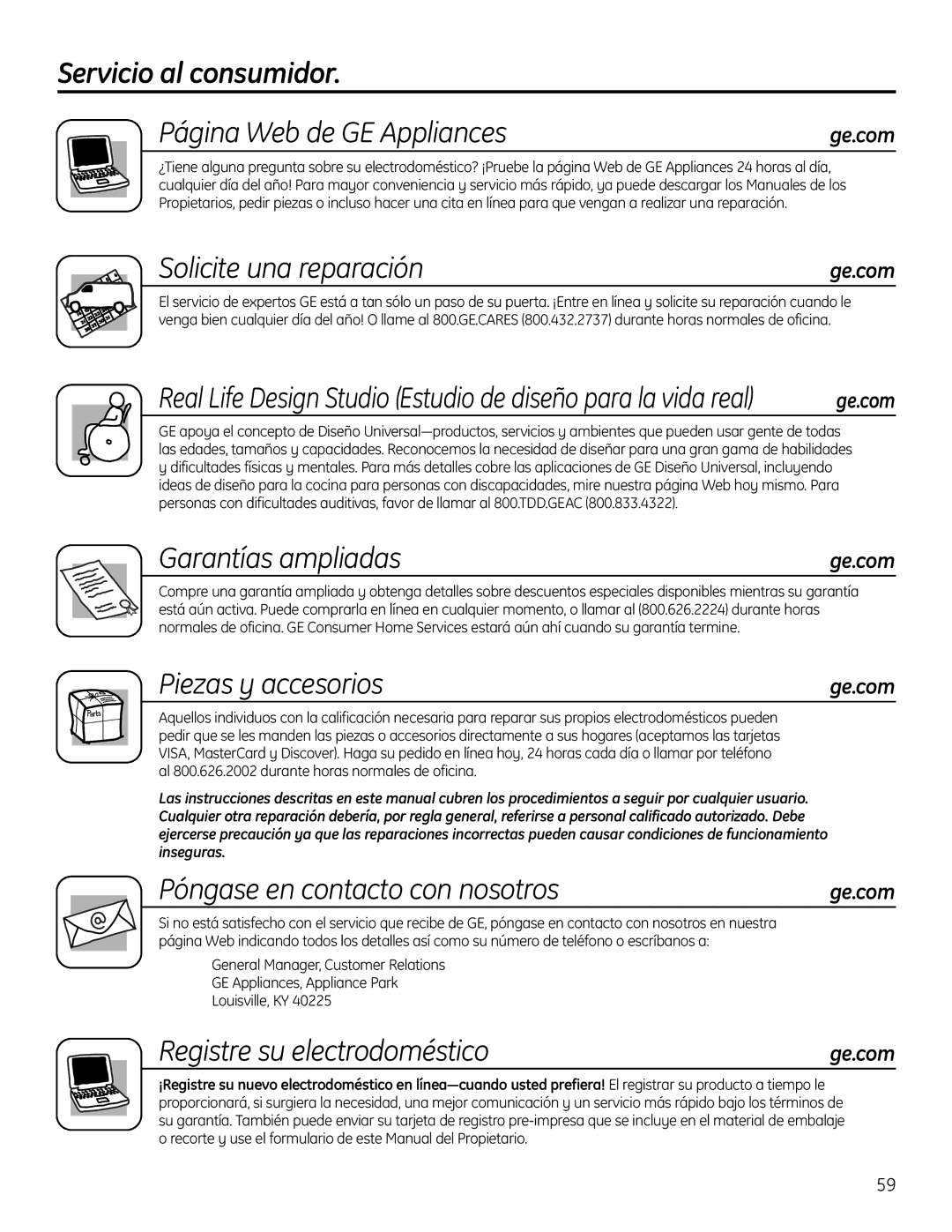 GE FUF17S, FUF21S, FUF20S Servicio al consumidor Página Web de GE Appliances, Solicite una reparación, Garantías ampliadas 