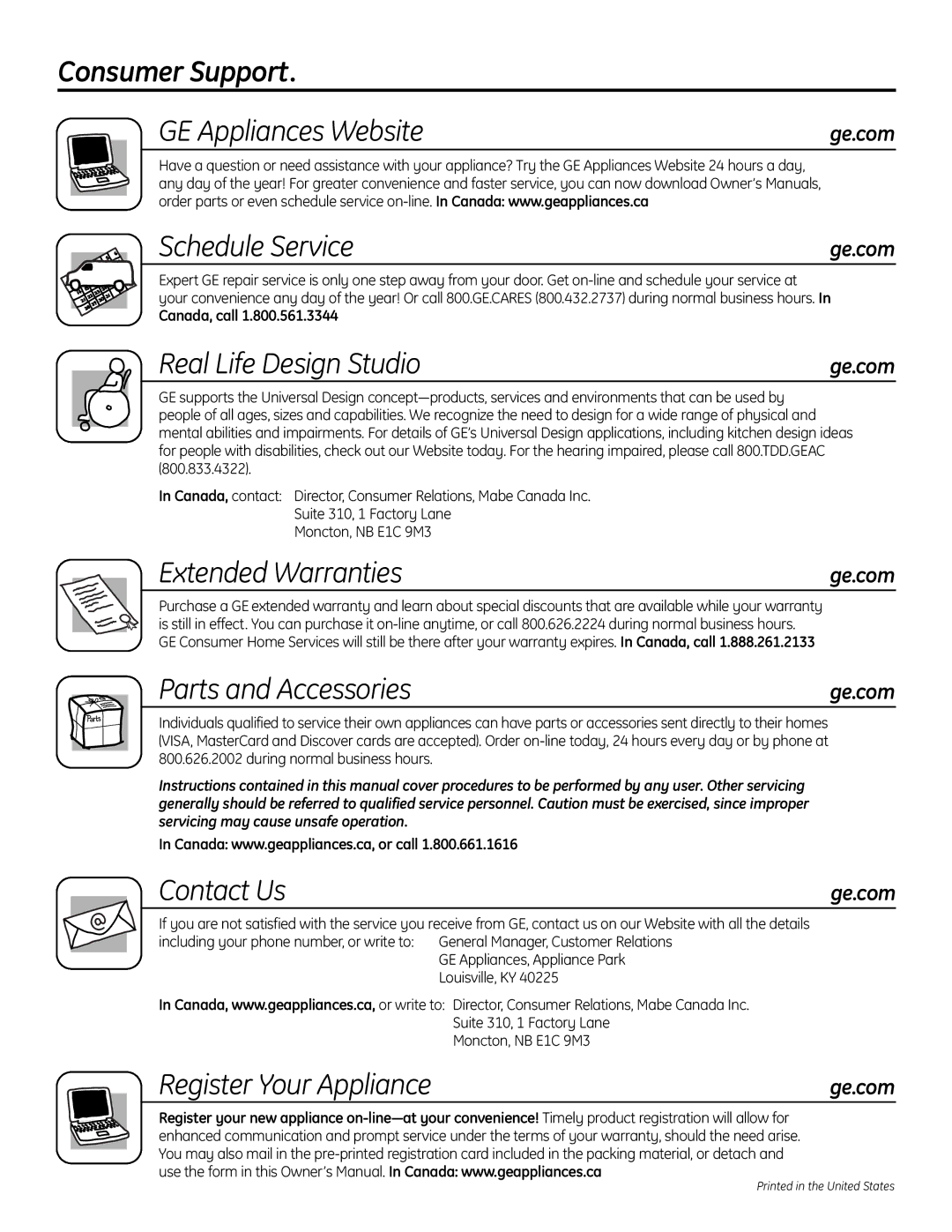 GE FUF17C, FUF21S Consumer Support GE Appliances Website, Schedule Service, Real Life Design Studio, Extended Warranties 