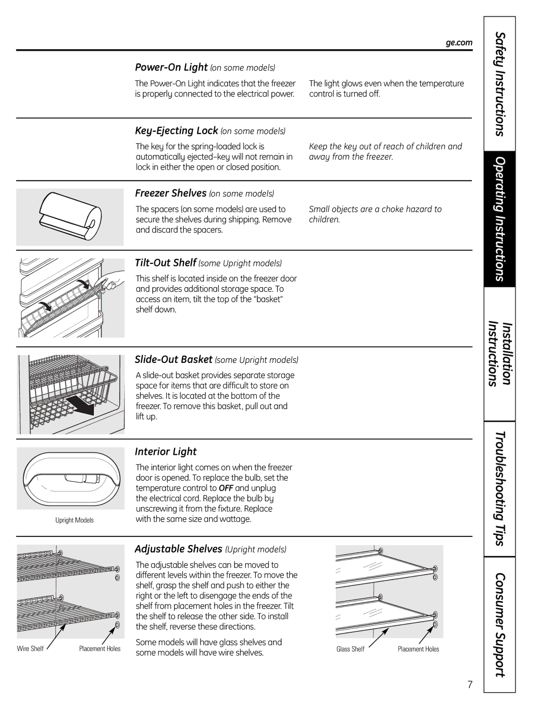 GE FUF12 Safety Instructions Operating Instructions, Key-Ejecting Lock on some models, Freezer Shelves on some models 