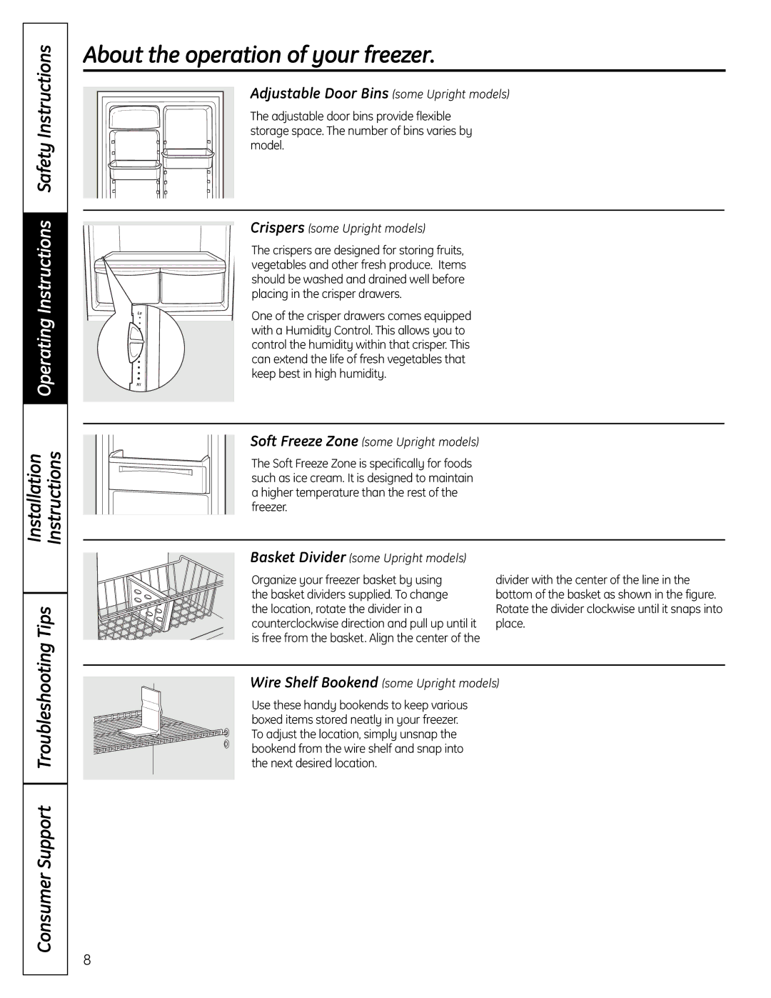 GE FUF21S, FUF20S, FUF17S, FUF17C, FUF12 Operating Instructions Safety Instructions, Adjustable Door Bins some Upright models 