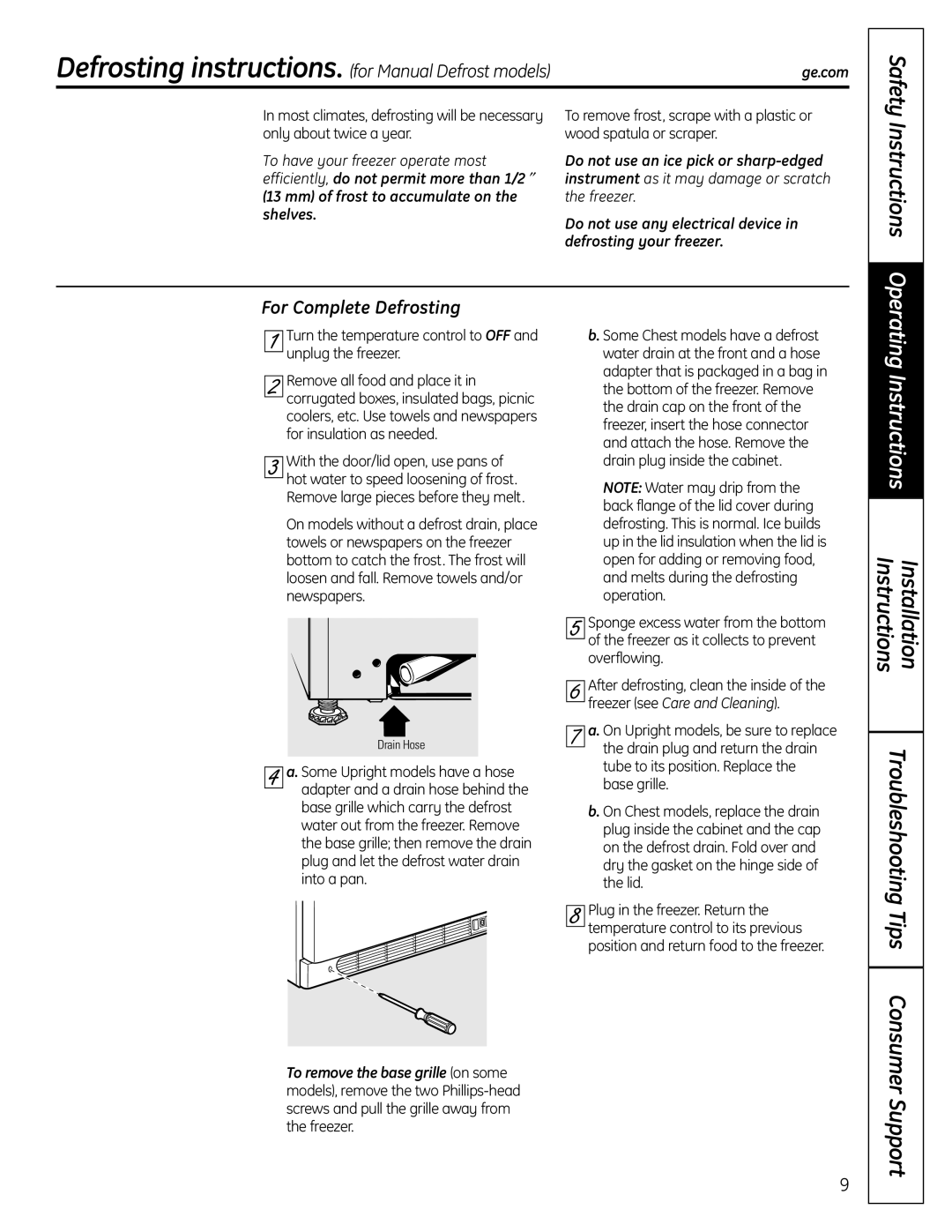 GE FUF20S Operating Instructions, Defrosting instructions. for Manual Defrost models, For Complete Defrosting, Safety 