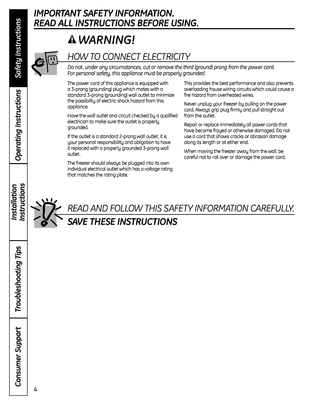 GE FUF17C, FUF21S How To Connect Electricity, Save These Instructions, Read And Follow This Safety Information Carefully 
