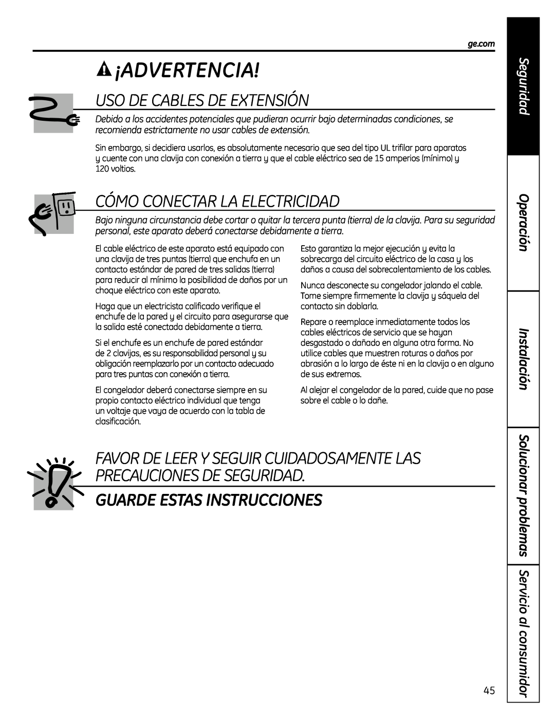 GE FUF12S Uso De Cables De Extensión, Cómo Conectar La Electricidad, Guarde Estas Instrucciones, Instalación, Operación 
