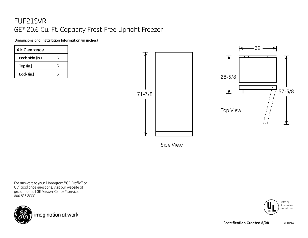 GE FUF21SVR dimensions GE 20.6 Cu. Ft. Capacity Frost-Free Upright Freezer 