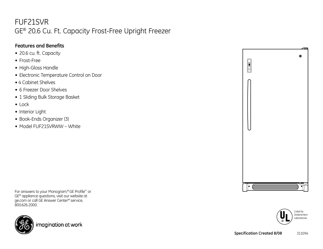 GE FUF21SVRWW dimensions Features and Benefits 