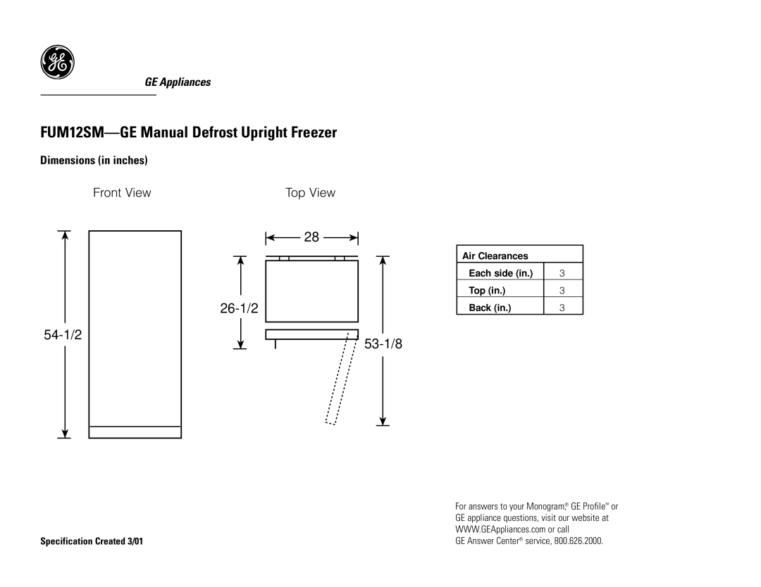 GE FUM12SMRWH dimensions FUM12SM-GE Manual Defrost Upright Freezer, 26-1/2 54-1/2 Top View 53-1/8 