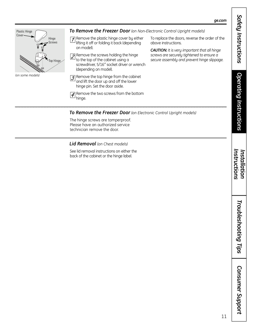 GE FUM13 owner manual Ge.com, Lid Removal on Chest models 