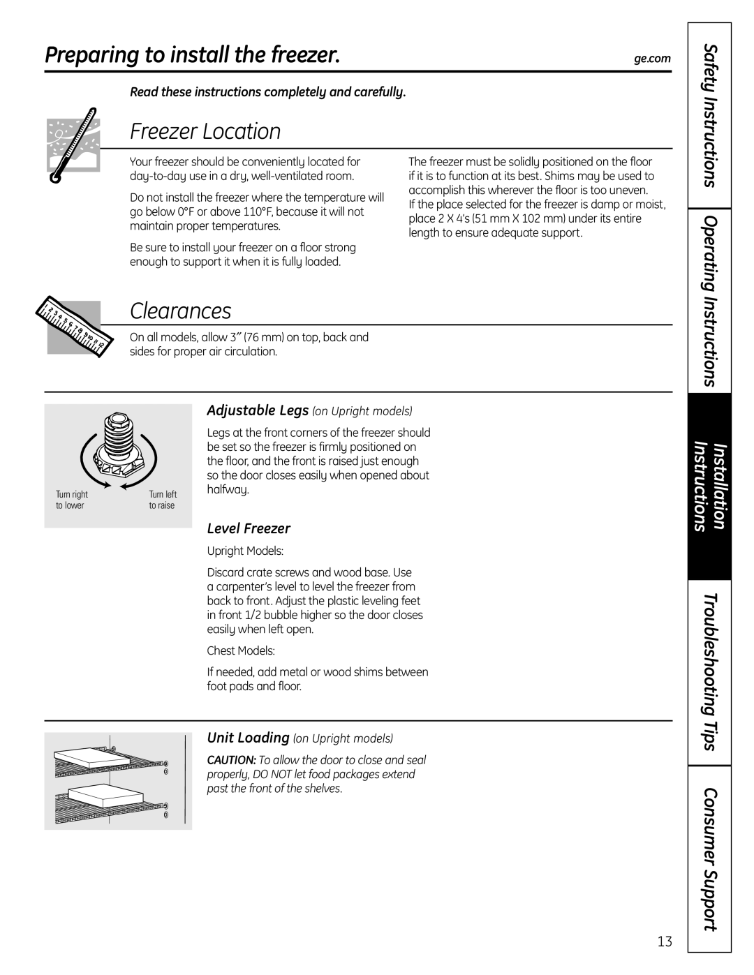 GE FUM13 Preparing to install the freezer, Freezer Location, Clearances, Instructions Installation, Level Freezer 