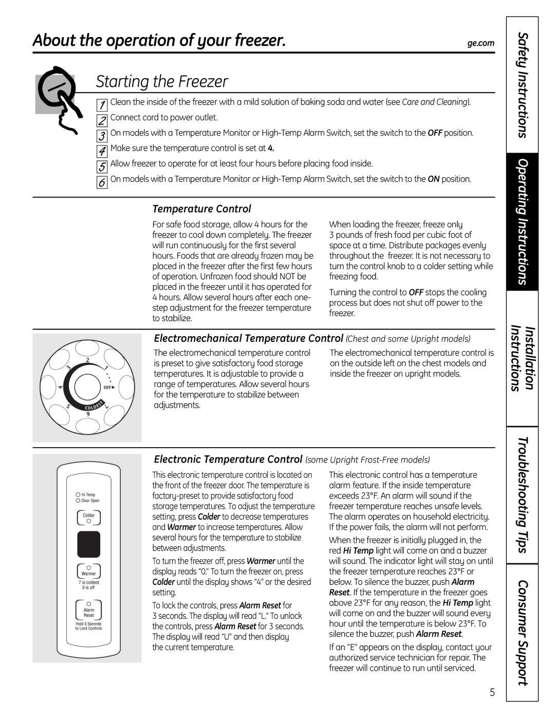 GE FUM13 owner manual About the operation of your freezer, Starting the Freezer, Instructions Installation 