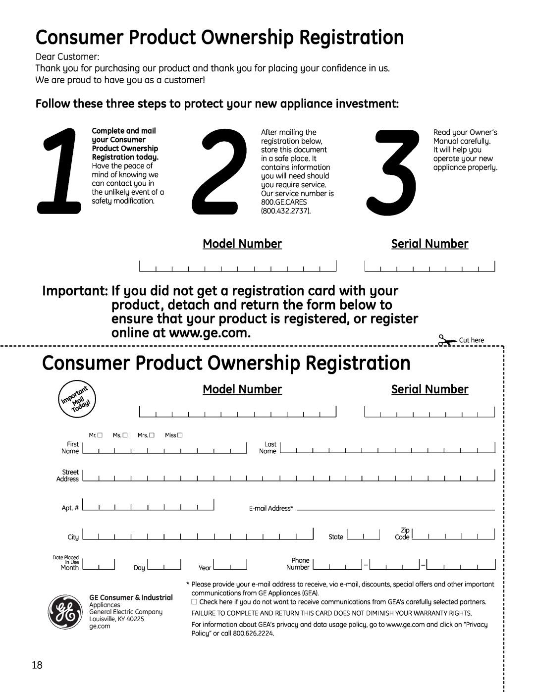 GE FUM13 owner manual Model Number, Dear Customer, Consumer Product Ownership Registration, Serial Number 
