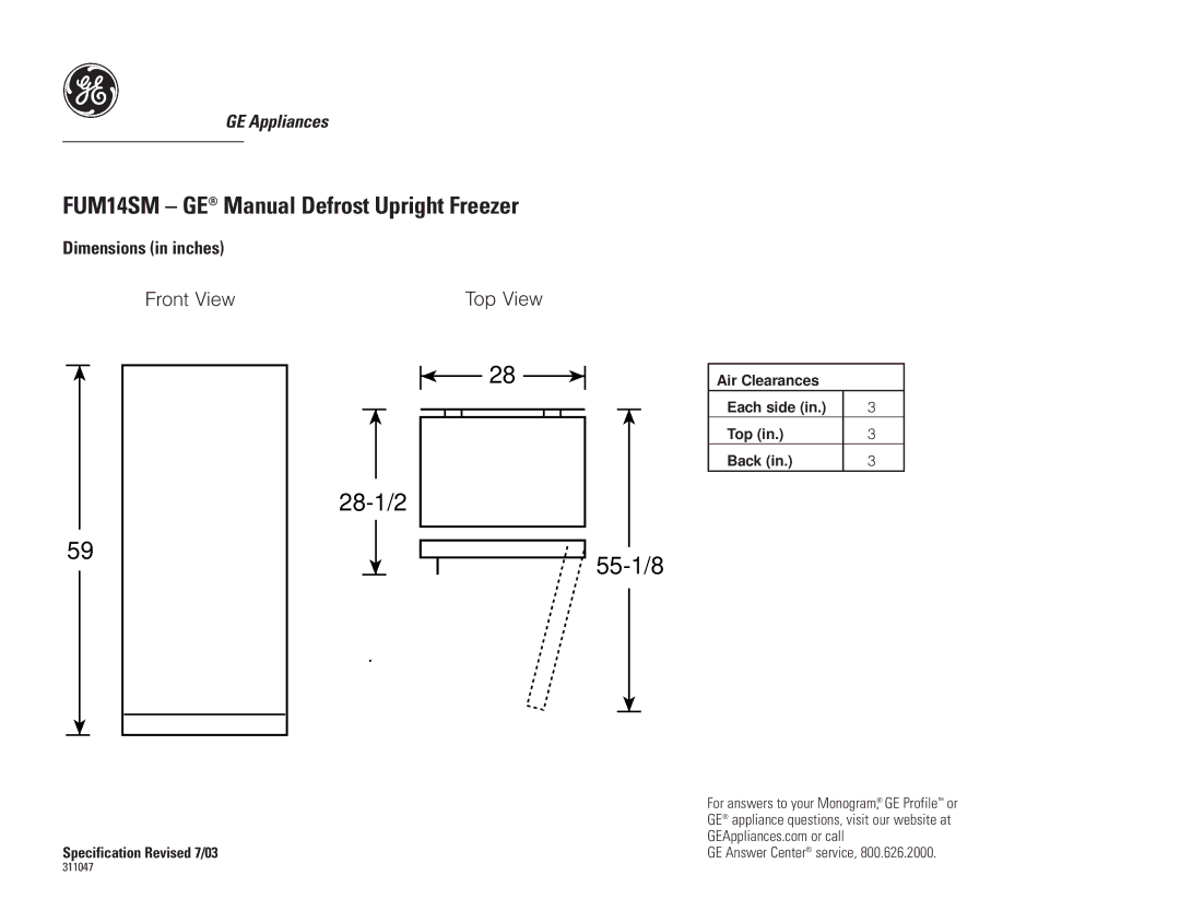 GE FUM14SMRWH manual FUM14SM GE Manual Defrost Upright Freezer, 28-1/2 Top View, 55-1/8 