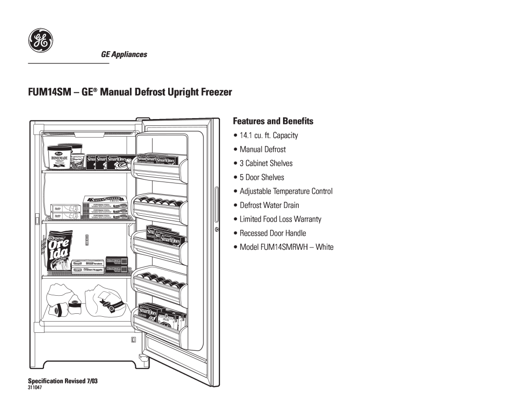 GE FUM14SMRWH 14.1 cu. ft. Capacity Manual Defrost, Cabinet Shelves 5 Door Shelves, Adjustable Temperature Control, 311047 