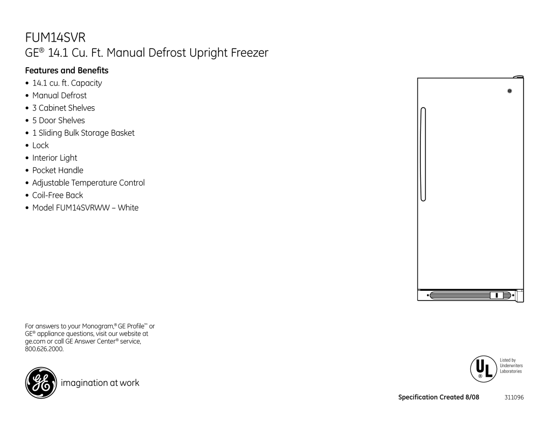 GE FUM14SVR dimensions Features and Benefits 