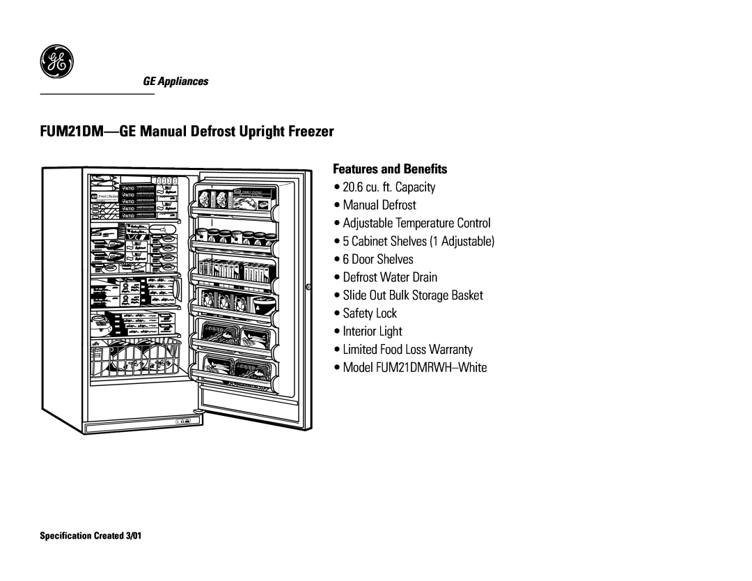 GE FUM21DM Features and Benefits, 20.6 cu. ft. Capacity Manual Defrost, Adjustable Temperature Control, GE Appliances 