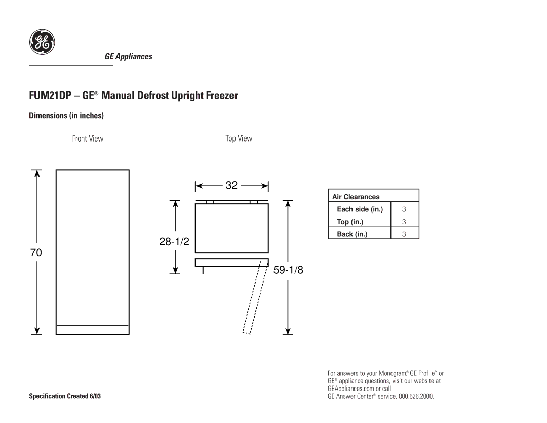 GE FUM21DPRWH dimensions FUM21DP GE Manual Defrost Upright Freezer, 28-1/2 59-1/8 Top View 