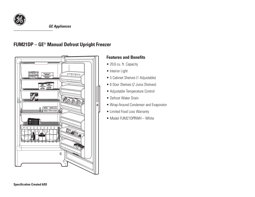 GE FUM21DPRWH dimensions Features and Benefits 