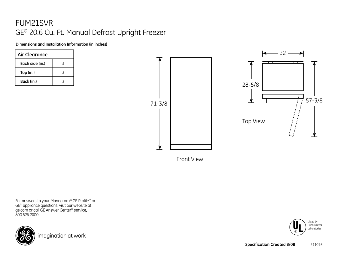 GE FUM21SVRWW dimensions GE 20.6 Cu. Ft. Manual Defrost Upright Freezer 