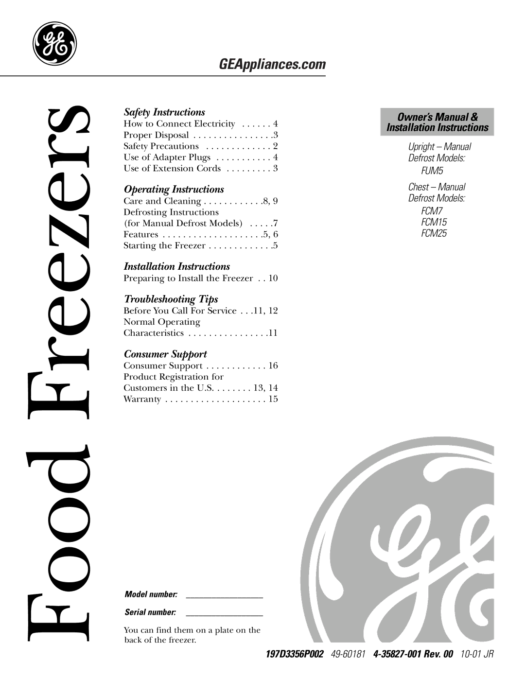 GE FUM5, FCM7, FCM15, FCM25 owner manual Food Freezers, Model number Serial number 