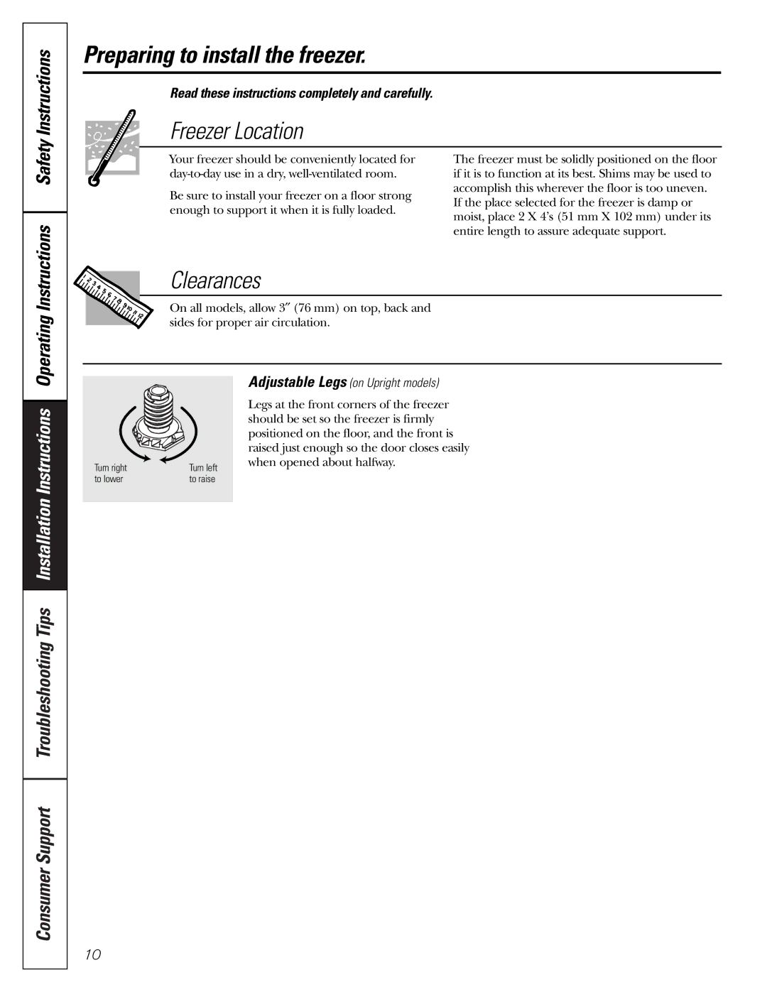 GE FUM5, FCM7, FCM15, FCM25 owner manual Preparing to install the freezer, Operating Instructions Safety Instructions 