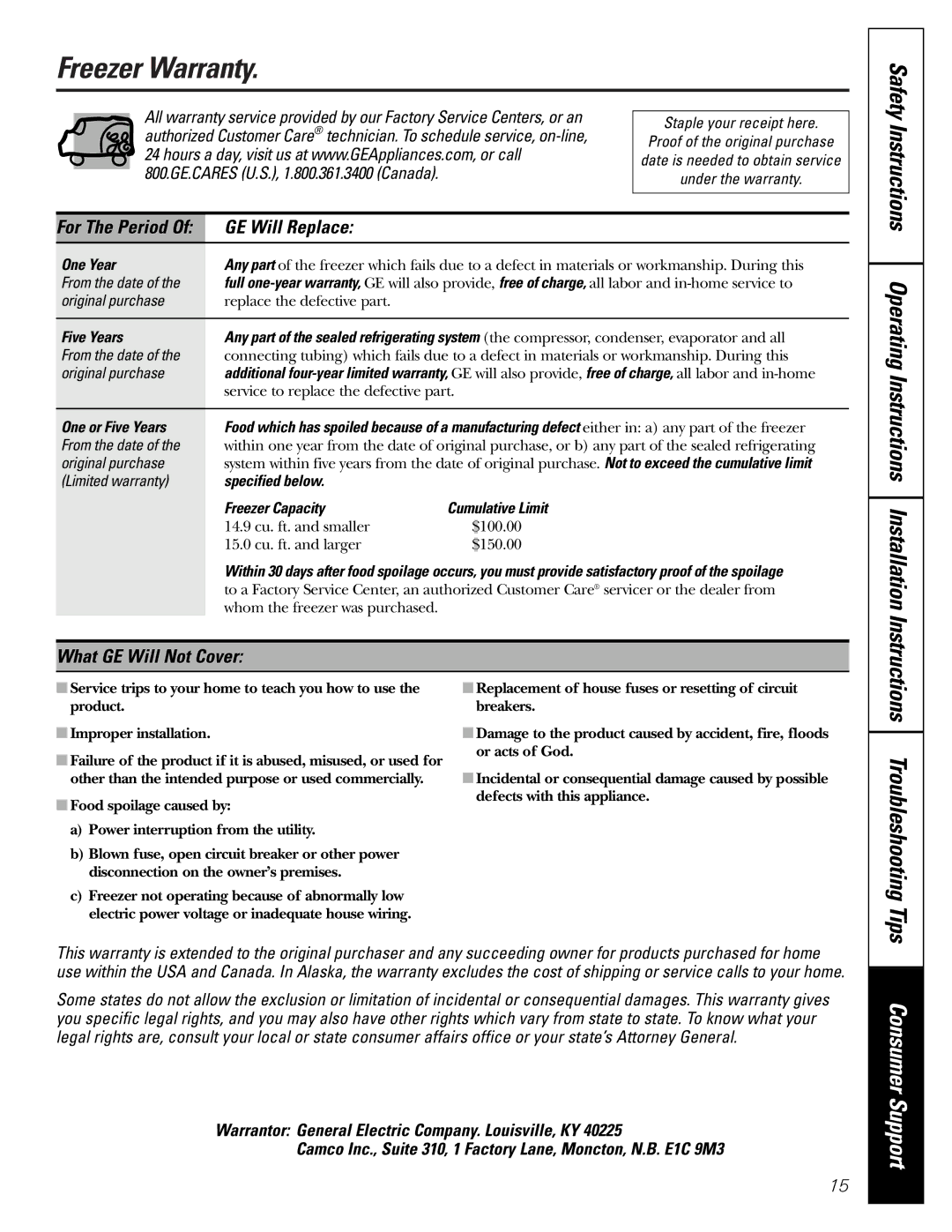 GE FUM5, FCM7, FCM15, FCM25 owner manual Freezer Warranty, GE Will Replace, What GE Will Not Cover 