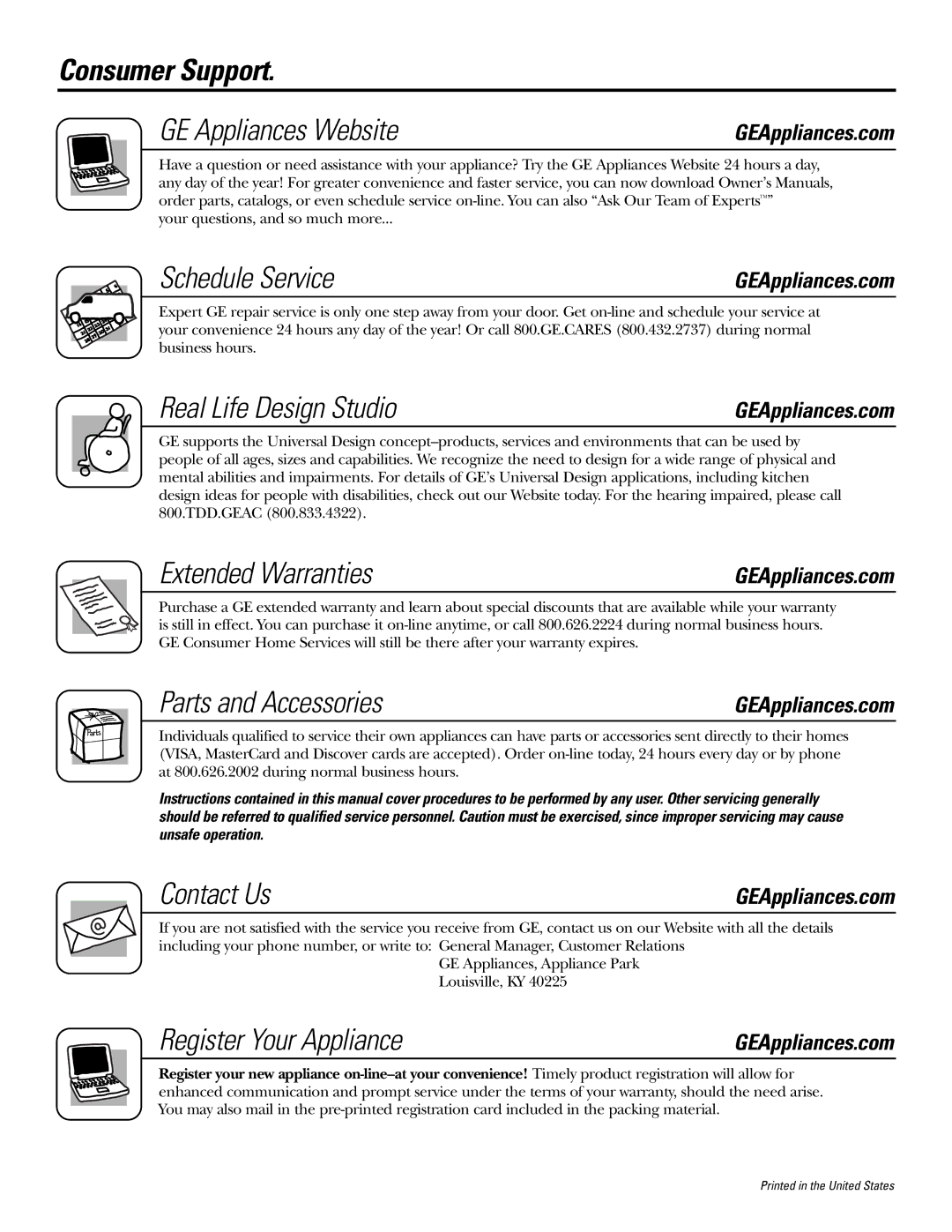 GE FUM5, FCM7, FCM15, FCM25 Consumer Support GE Appliances Website, Schedule Service, Real Life Design Studio, Contact Us 