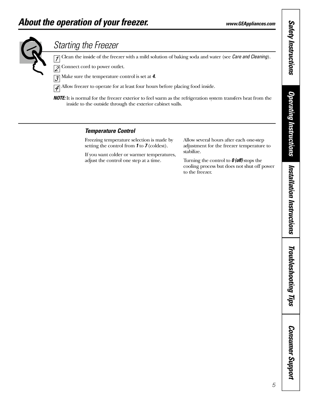 GE FUM5, FCM7, FCM15, FCM25 About the operation of your freezer, Safety Instructions Operating, Temperature Control 