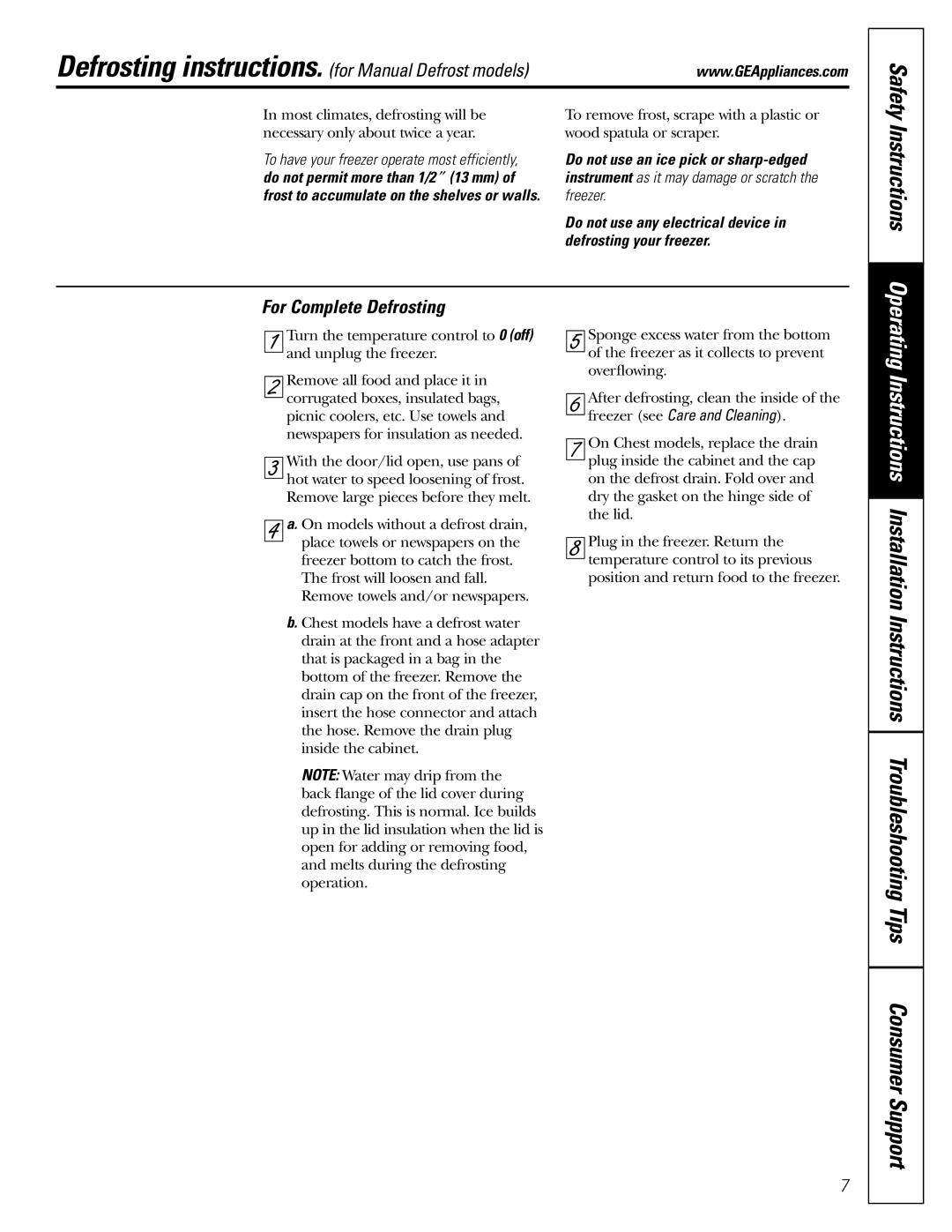 GE FUM5, FCM7, FCM15, FCM25 Instructions, Defrosting instructions. for Manual Defrost models, For Complete Defrosting 