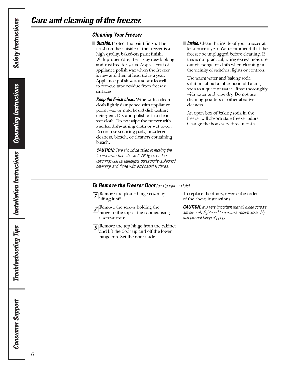 GE FUM5, FCM7, FCM15, FCM25 owner manual Care and cleaning of the freezer, Cleaning Your Freezer 