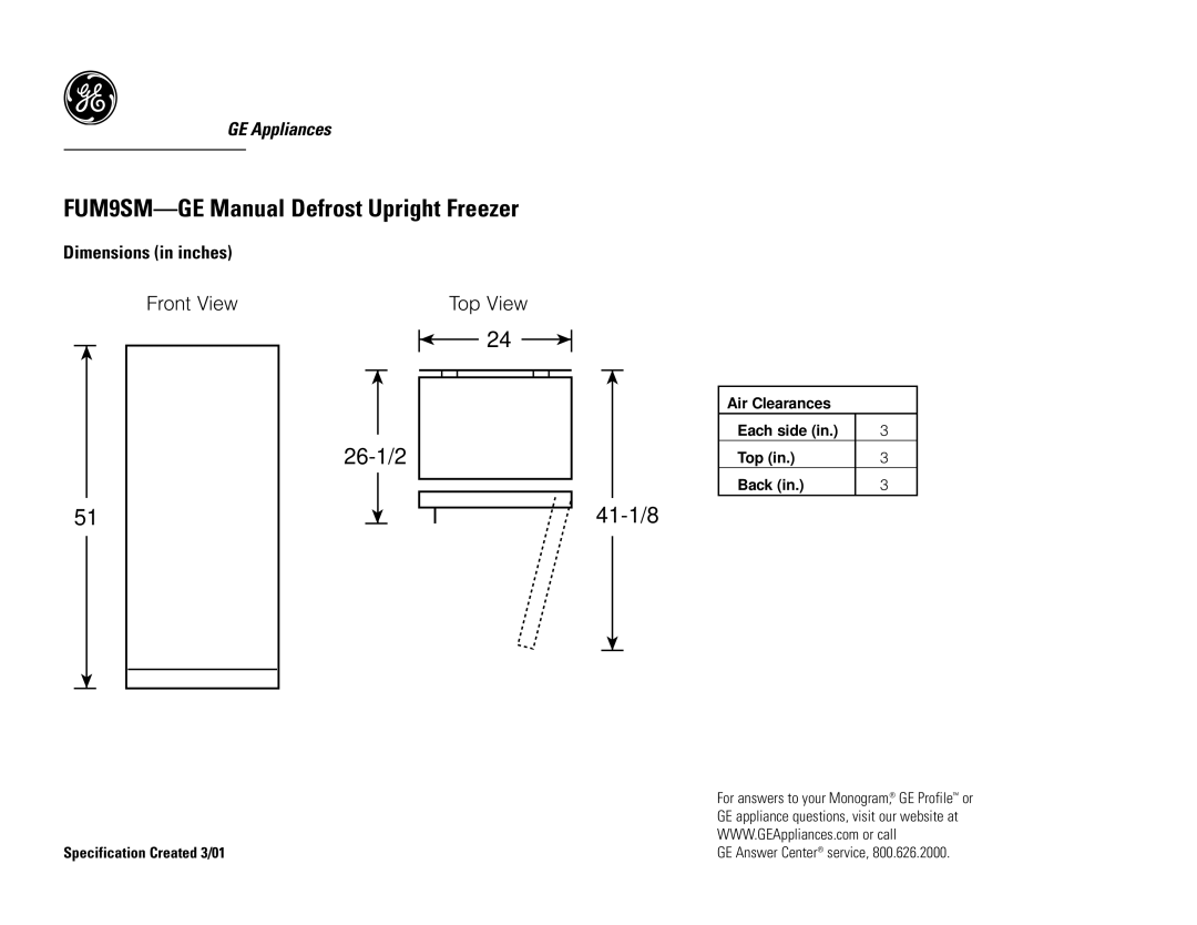 GE FUM9SMRWH dimensions FUM9SM-GE Manual Defrost Upright Freezer, 26-1/2 Top View, 41-1/8 